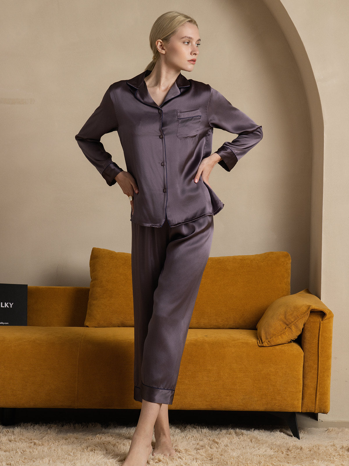 [Purple Gray] SilkSilky  Pure Silk Notch Collar Women's Pajamas 001,