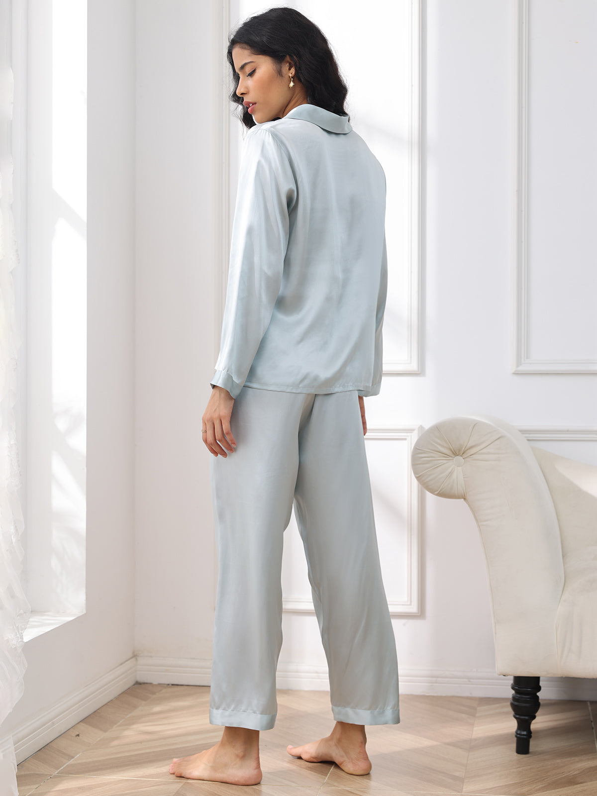 [Light Blue] SilkSilky  Pure Silk Notch Collar Women's Pajamas 002,