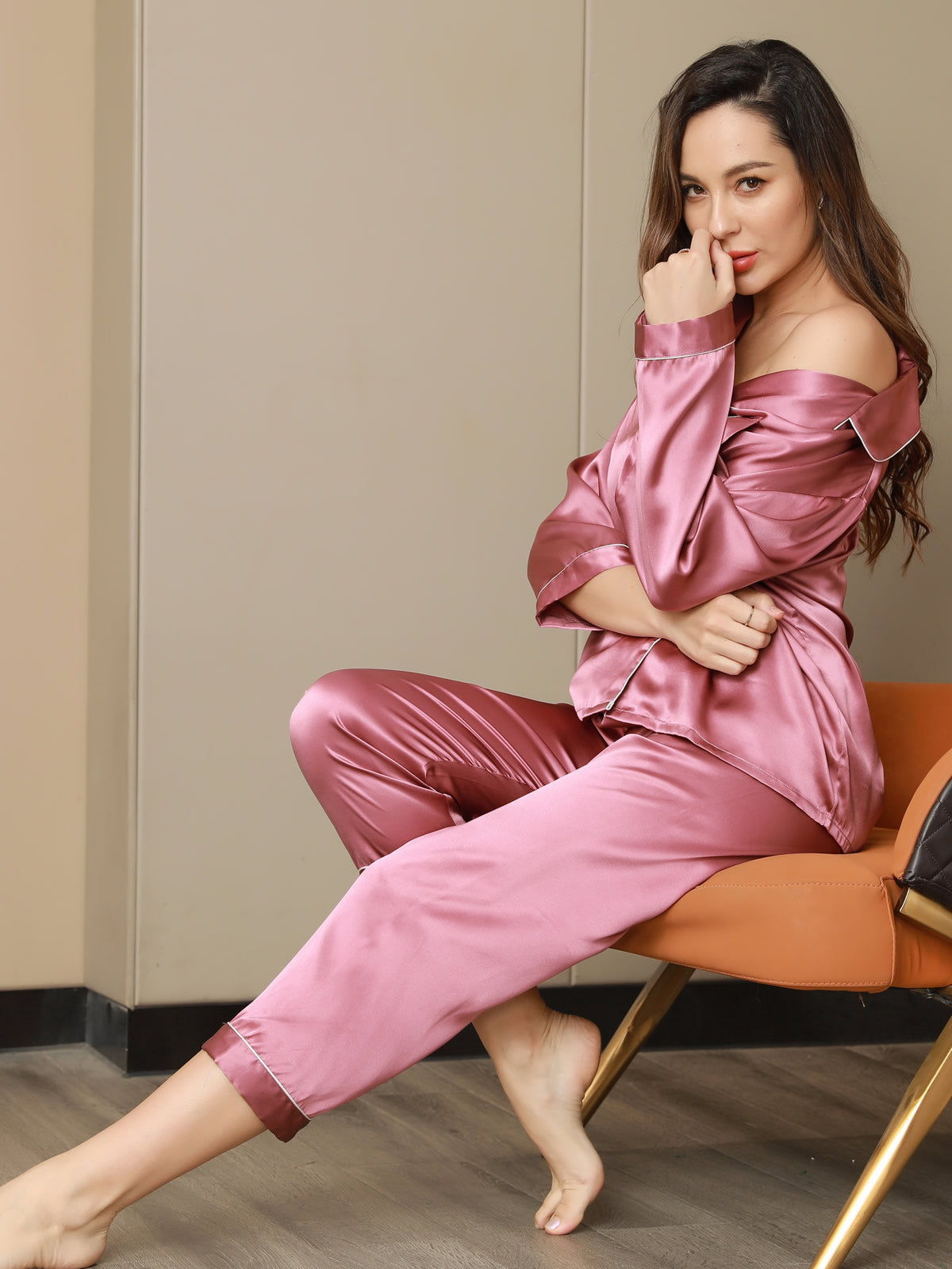 [Pale Mauve] SilkSilky  Pure Silk Notch Collar Women's Pajamas 001,