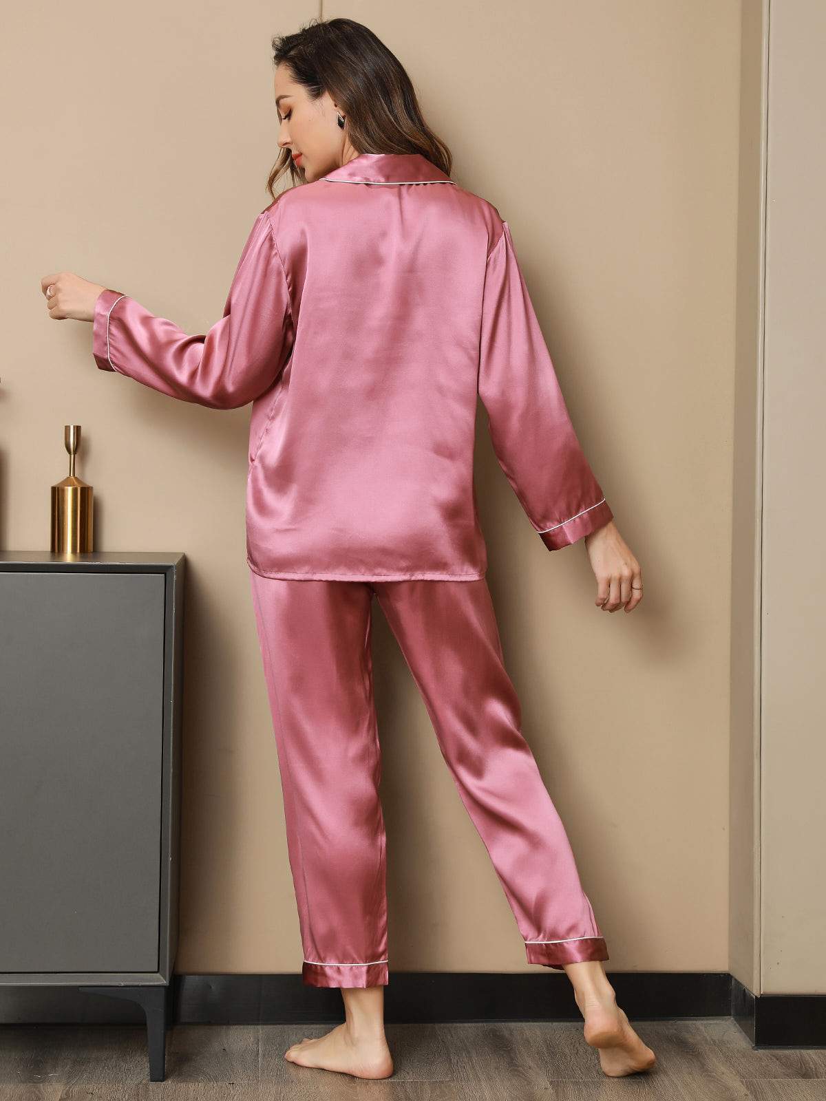 [Pale Mauve] SilkSilky  Pure Silk Notch Collar Women's Pajamas 002,