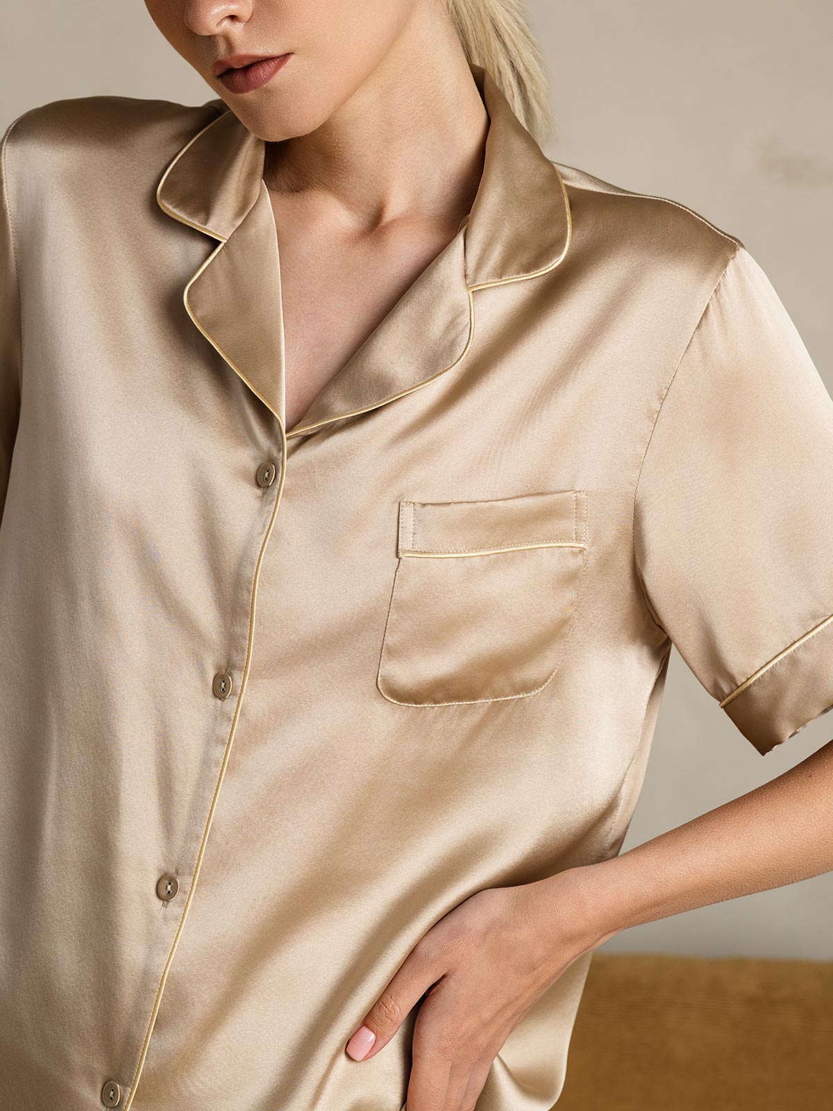 [Champagne] SilkSilky  Pure Silk Notch Collar Women's Pajamas 008,