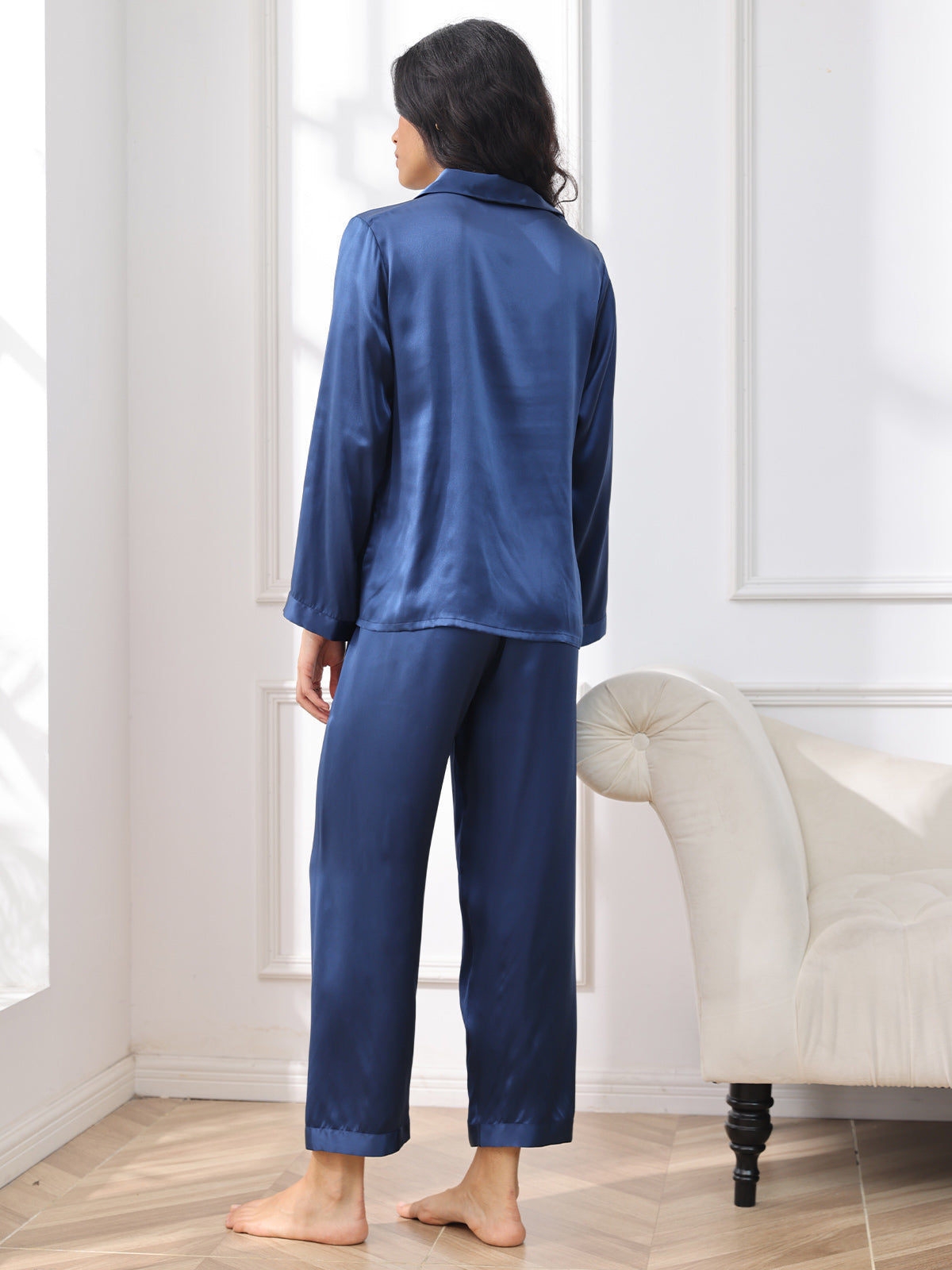 [Dark Blue] SilkSilky  Pure Silk Notch Collar Women's Pajamas 002,