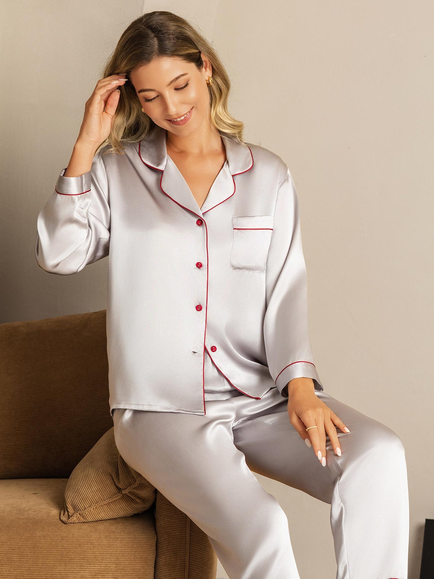 [Silver] SilkSilky  Pure Silk Notch Collar Women's Pajamas 007,