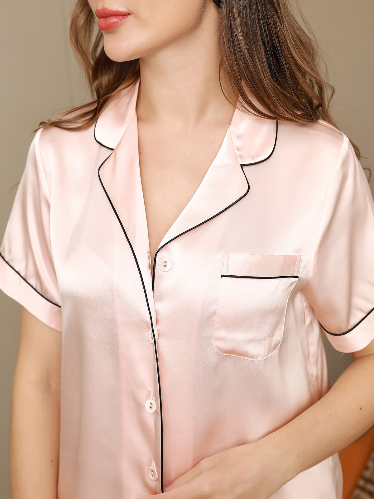 [Pink] SilkSilky  Pure Silk Notch Collar Women's Pajamas 008,