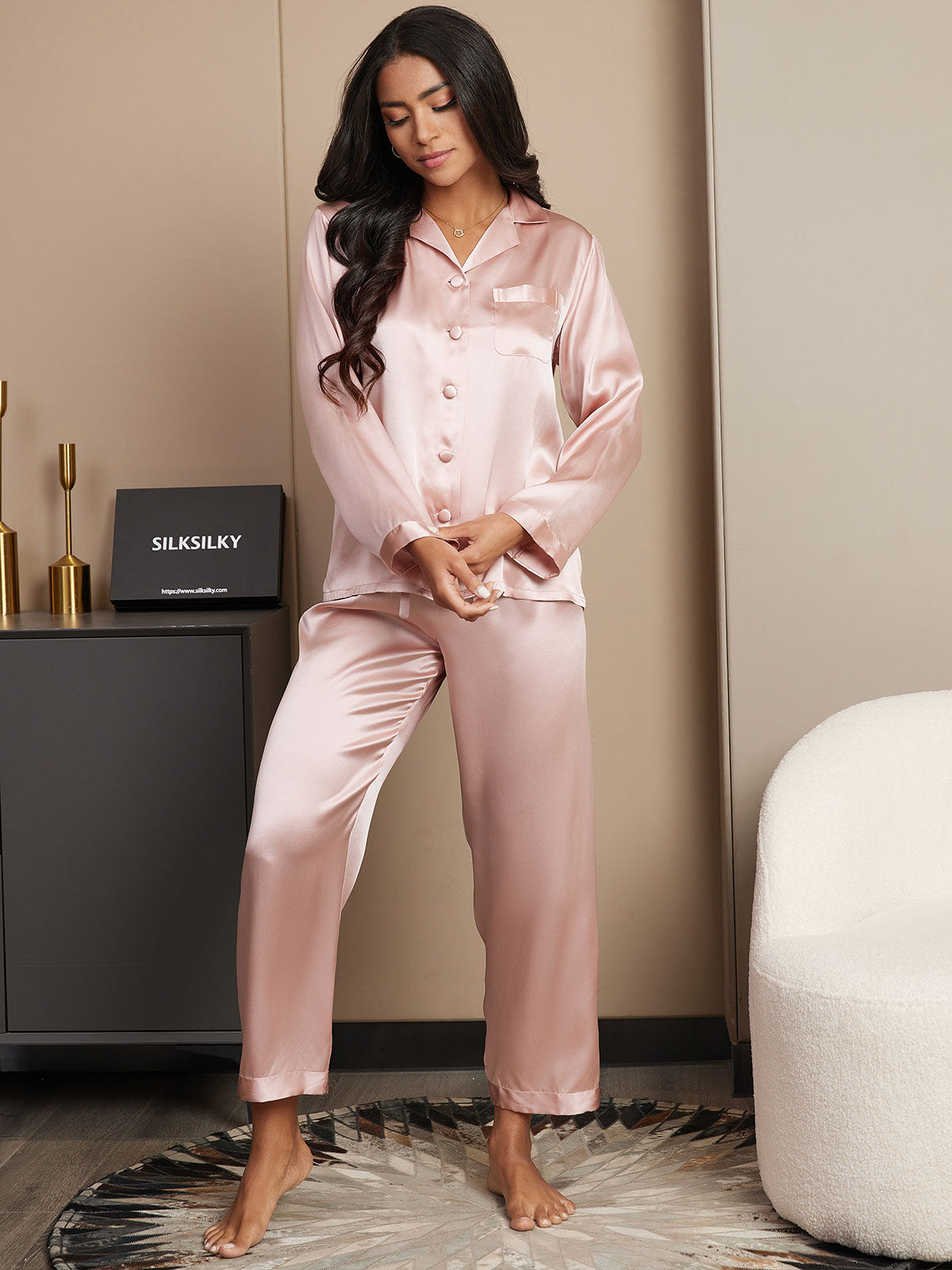 [Pink] SilkSilky  Pure Silk Notch Collar Women's Pajamas 004,