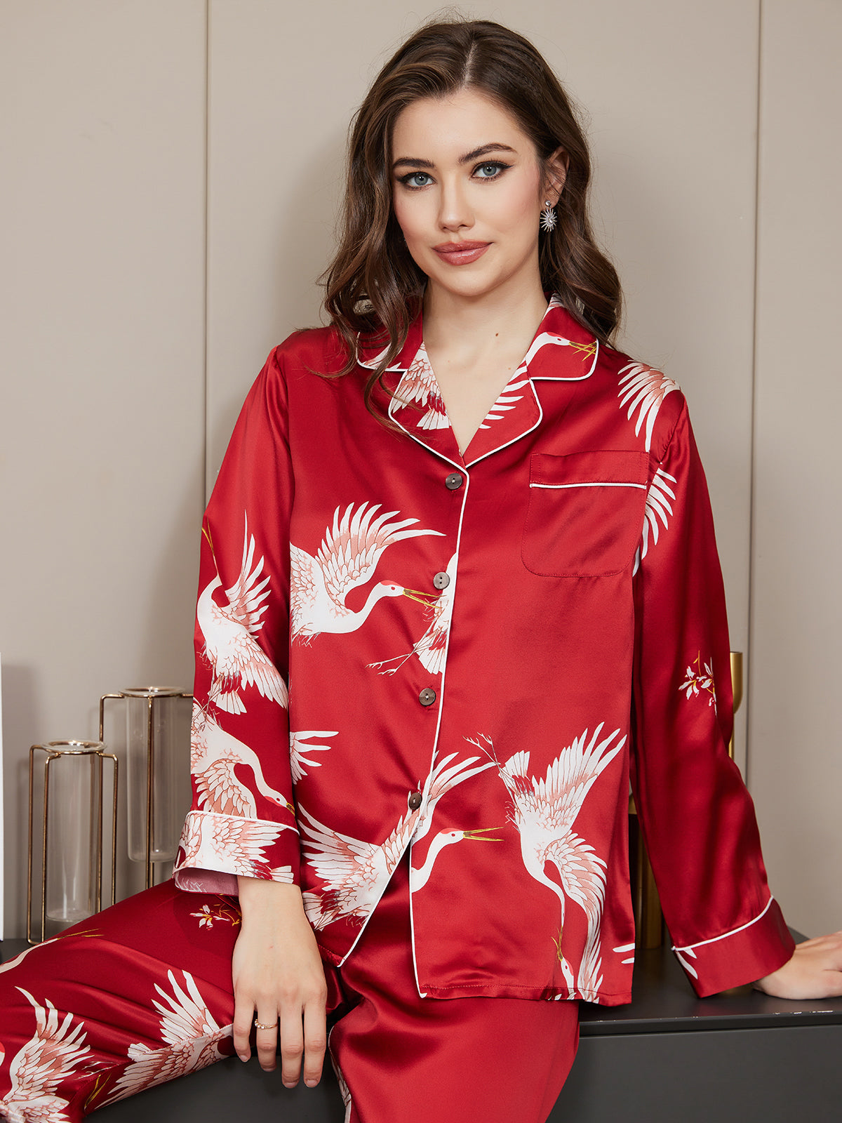 [Dark Red] SilkSilky  19Momme Pure Silk Notch Collar Women's Pajamas 005,