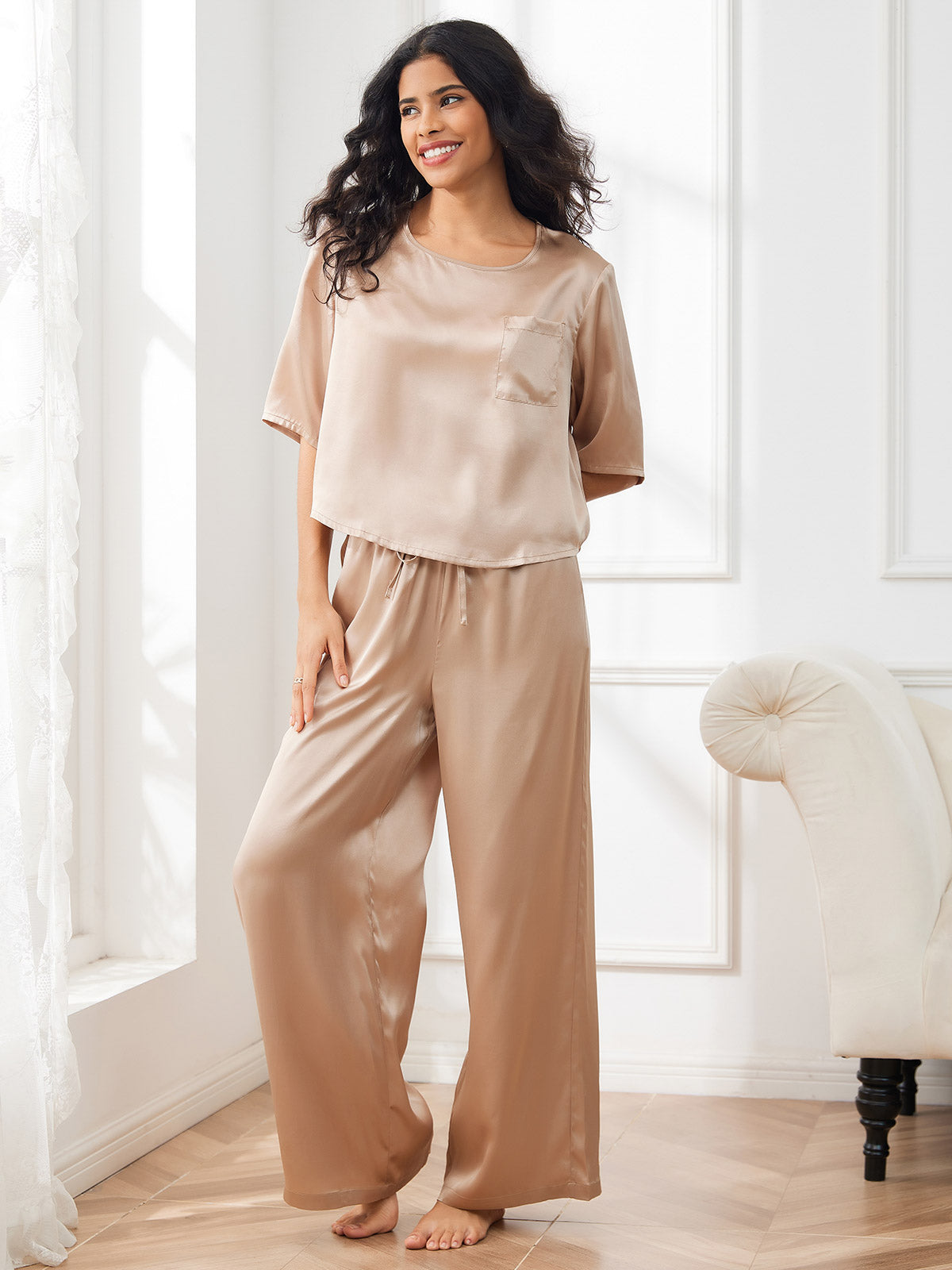 [Champagne] SilkSilky  Pure Silk Round Neck Women's Pajamas 006,