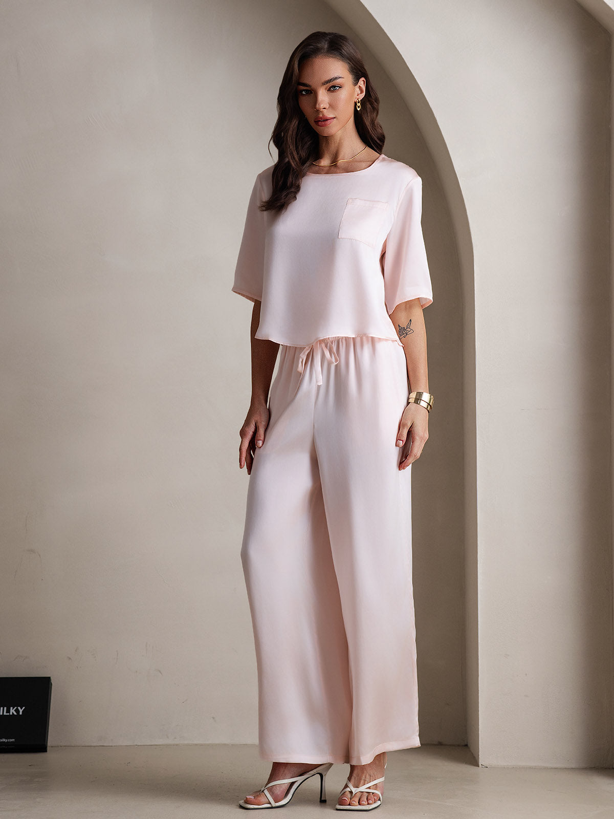 [Pink] SilkSilky  Pure Silk Round Neck Women's Pajamas 006,