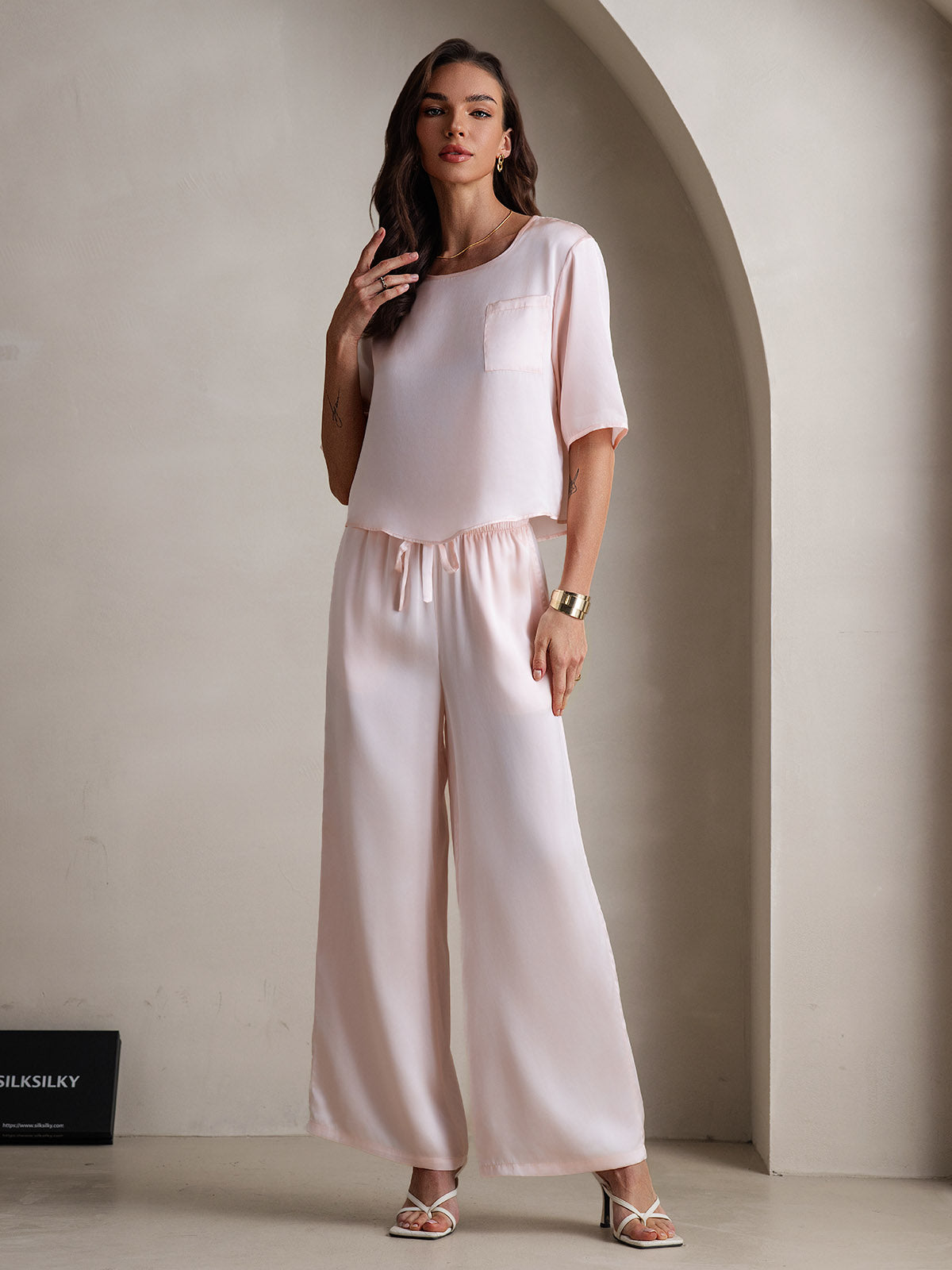 [Pink] SilkSilky  Pure Silk Round Neck Women's Pajamas 003,