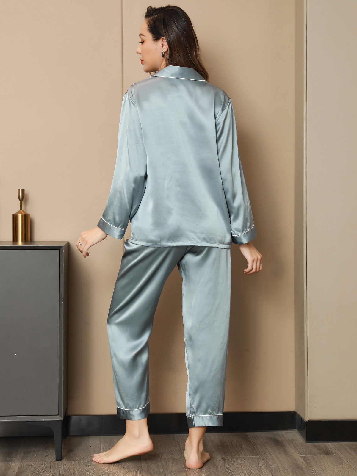[Steel Blue] SilkSilky  Pure Silk Notch Collar Women's Pajamas 003,