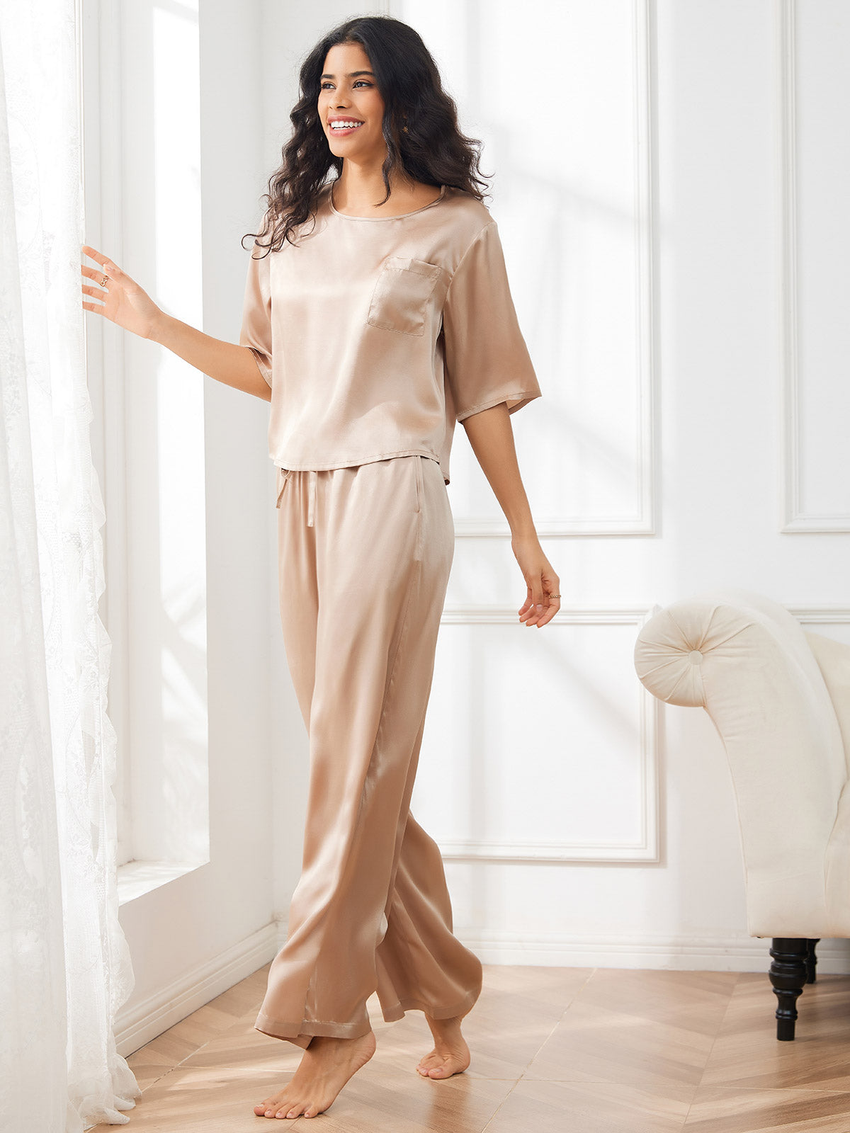 [Champagne] SilkSilky  Pure Silk Round Neck Women's Pajamas 004,