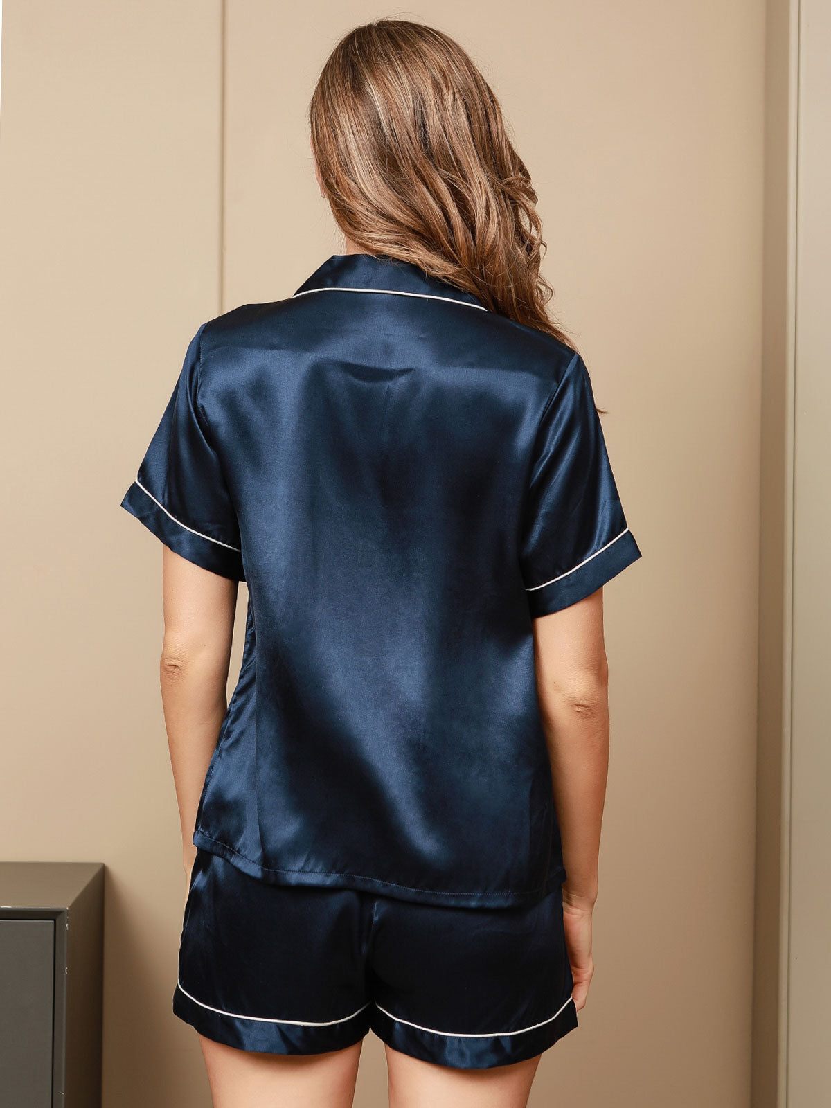 [Dark Blue] SilkSilky  Pure Silk Notch Collar Women's Pajamas 002,