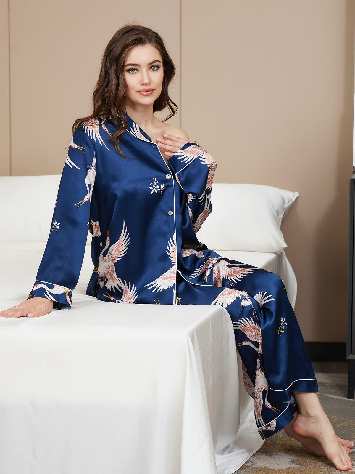 [Dark Blue] SilkSilky  19Momme Pure Silk Notch Collar Women's Pajamas 006,