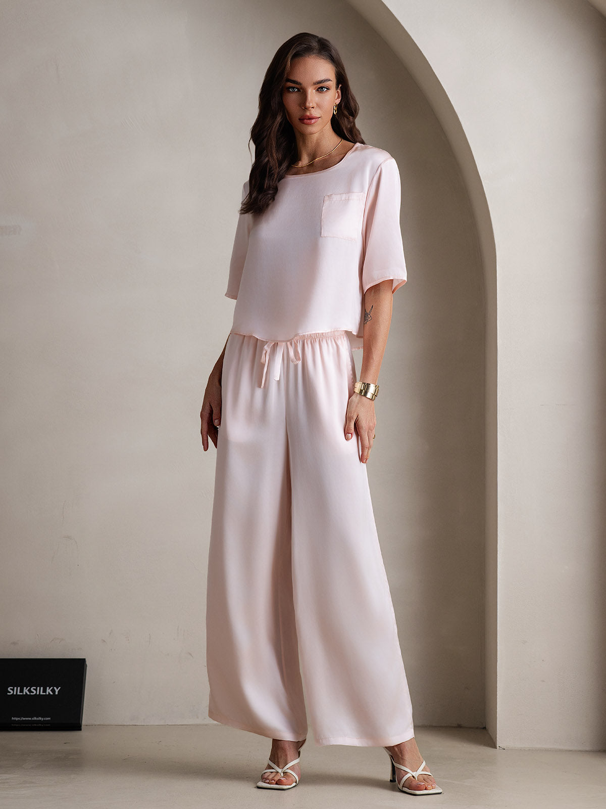 [Pink] SilkSilky  Pure Silk Round Neck Women's Pajamas 004,